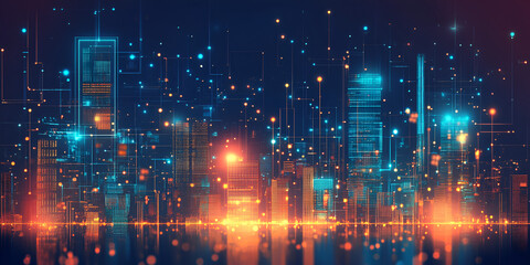 Poster - Neon Cityscape: A mesmerizing digital city skyline pulses with vibrant neon lights.