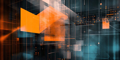Poster - Digital Flux: Abstract Tech Background.  Intricate network of glowing orange and teal shapes, lines, and grids evoke a sense of technological advancement and digital transformation.