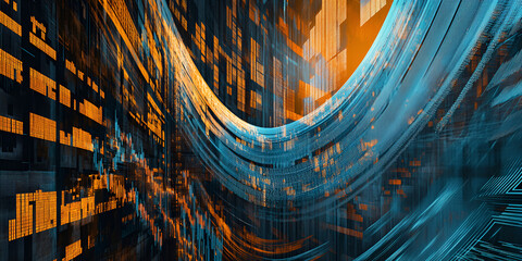 Poster - Abstract Digital Flow: A mesmerizing abstract digital art piece featuring a swirling, vibrant blue and orange flow of data, creating a sense of movement and dynamism.  