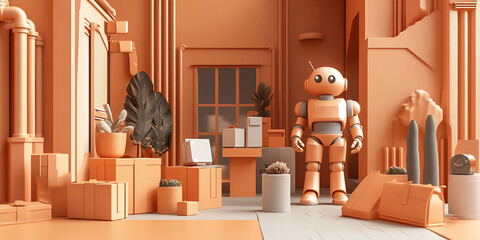 Poster - Robot in the City: A friendly, humanoid robot stands amidst a minimalist cityscape rendered in soft orange tones.