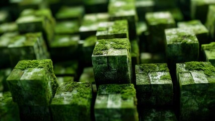 Poster - A grid of moss-covered green cubes in a surreal and abstract arrangement.