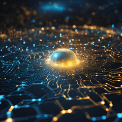Poster - Abstract digital illustration of a glowing sphere nestled within intricate circuitry. High-resolution image perfect for technology, AI, and futuristic design projects.