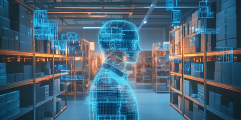 Poster - Digital Inventory Management: Futuristic warehouse with holographic projection of a person overseeing the efficient organization and logistics of a vast inventory.  