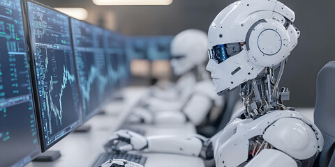 Poster - The Rise of AI: A row of advanced humanoid robots diligently work at computer workstations, their screens displaying complex data and algorithms.