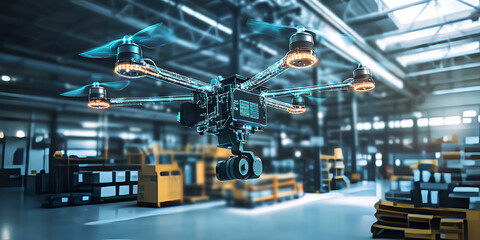 Poster - Drone Technology in Modern Warehouse: A sleek drone equipped with advanced sensors hovers in a bustling warehouse environment, showcasing the future of logistics and automation.