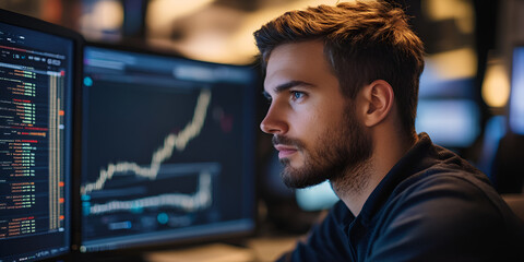 Poster - Focused on Success: A young man intently analyzes data on his computer screen, his gaze fixated on the upward trend line.