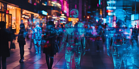 Poster - The City's Digital Pulse: A mesmerizing urban landscape where ethereal figures blend seamlessly with bustling crowds, a captivating vision of technology's influence on modern life.