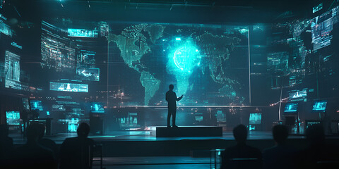 Poster - Global Tech Visionary: A lone figure commands attention, presenting a futuristic global network on a massive holographic screen.  The scene pulsates with vibrant teal energy.