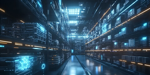 Poster - Neon Data Tunnel: An abstract futuristic corridor bathed in neon blue and orange, with a mesmerizing array of symbols and glowing lines.