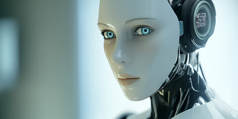 Poster - The Future is Here: A captivating close-up of a humanoid robot with piercing blue eyes and sleek, futuristic design, wearing headphones, evokes a sense of wonder and anticipation.