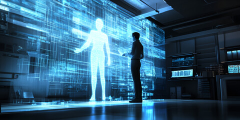 Poster - The Future is Now: A man interacts with a digital hologram in a futuristic setting, highlighting the potential of augmented reality and virtual reality.  