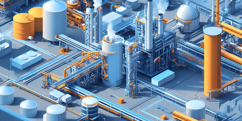 Poster - Industrial Complex: A captivating isometric view of a sprawling industrial complex, showcasing intricate pipelines, towering structures, and vibrant color palettes. The image evokes a sense of power.
