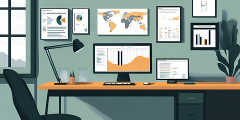 Poster - Modern Workspace: A minimalist and stylish workspace with a computer monitor, desk, lamp, and framed charts on the wall. The serene environment is perfect for focus and productivity.  