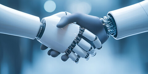 Poster - Robot Handshake:  Two robotic hands reach out in a gesture of collaboration, symbolizing the integration of technology and human interaction. This photo evokes a future of cooperation, innovation.