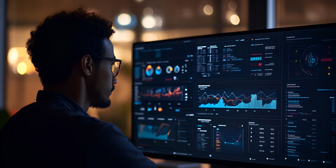 Poster - Data Driven Decisions: A focused businessman analyzes complex data dashboards on a large monitor, illuminated by the soft glow of night, symbolizing the power of information in modern business.