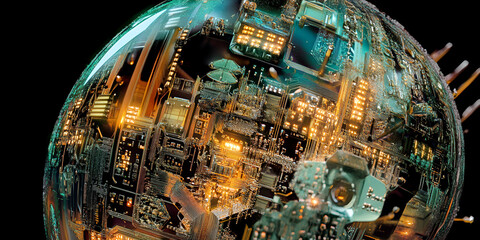 Poster - Global Network Sphere: Intricate circuitry within a translucent sphere, symbolizing interconnectedness and technological advancement.  A mesmerizing image perfect for tech, innovation.