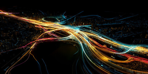 Poster - Abstract City Lights: A mesmerizing abstract illustration captures the vibrant energy of an urban cityscape at night. The intertwining lines of light, in shades of blue, yellow, and red.