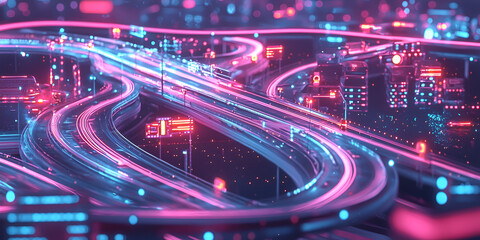 Poster - Neon Cityscape: Glowing digital highway. Futuristic urban infrastructure. Abstract digital art. Cyberpunk style.