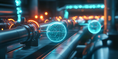 Poster - futuristic data flow: abstract, glowing orbs travel along a network of sleek, metallic pipes, creati