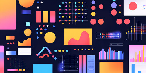 Poster - Abstract Data Visualization Pattern: A vibrant and abstract pattern of colorful data visualizations, including charts, graphs, and geometric shapes, set against a dark background.