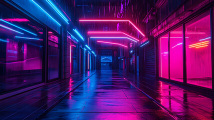 Sticker - Beautiful neon night in a cyberpunk city. photorealistic 3d illustration of the futuristic city. empty street with multicolored neon lights. Cyberpunk. Illustration