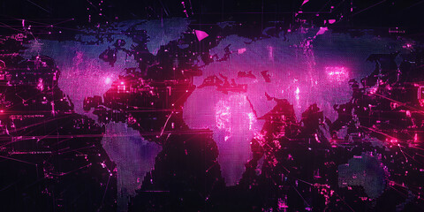 Poster - Global Network Pulse: A vibrant, stylized world map pulses with neon pink energy, symbolizing global connectivity and digital innovation.