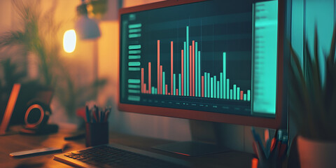 Poster - Nighttime Data Analysis: Illuminated computer screen displaying vibrant bar graph charts, symbolizing data analysis, market trends, or business insights in a cozy home office setting. 