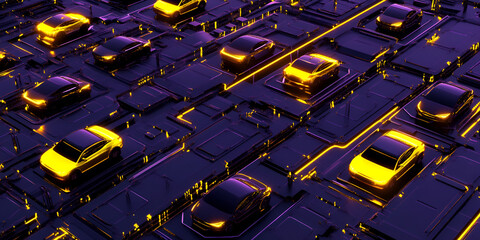 Poster - Neon Cityscape: A futuristic vision of urban transportation with glowing cars navigating a complex network of roads and circuitry.  The abstract.