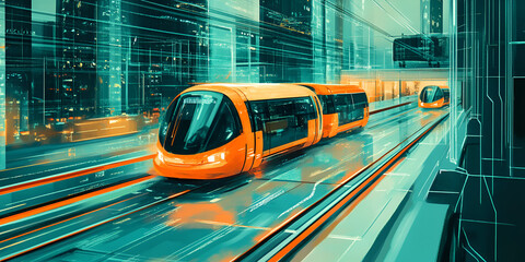 Poster - Futuristic Train in Urban Landscape: A sleek, orange train traverses a futuristic cityscape, its sleek design and vibrant colors signifying the promise of a technologically advanced future.