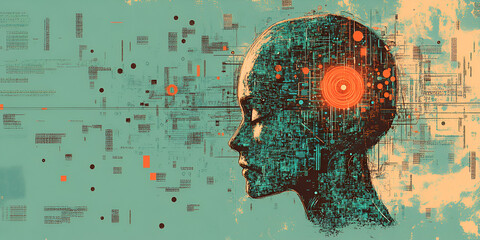 Poster - Digital Mind: Exploring the intersection of human consciousness and artificial intelligence.  A stylized illustration of a head composed of data streams.