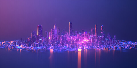 Poster - Neon Metropolis: A mesmerizing digital cityscape bathed in vibrant neon hues. The futuristic skyline reflects in the water, creating a captivating dreamscape. The image evokes a sense of wonder.