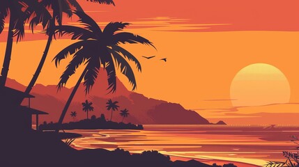 Wall Mural - a beautiful sunset over the ocean with palm trees in the background. the sun is setting in the dista