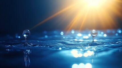 Poster - Two water droplets on a rippling surface with sun rays in the background.