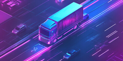 Poster - Futuristic Freight: A semi-truck glides through a neon city, symbolizing the future of transportation and logistics. Its sleek design and vibrant colors evoke a sense of speed, efficiency.
