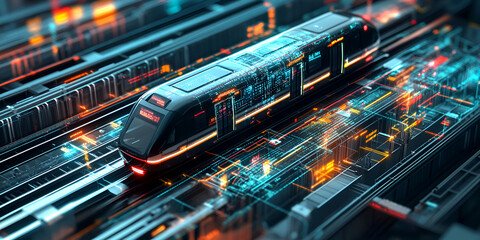 Poster - Futuristic Train Network: A sleek, futuristic train glides along a digital network, its sleek design and glowing lights illuminating a world of technological advancement.