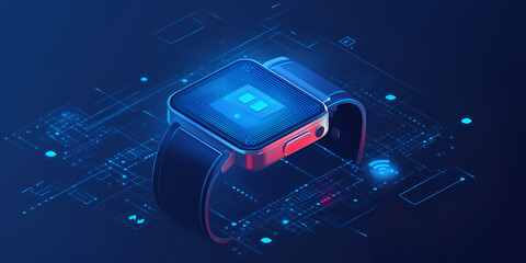 Poster - Smartwatch Technology: Futuristic smartwatch with digital interface displayed on screen,  rests on circuit board.  High-tech design concept.