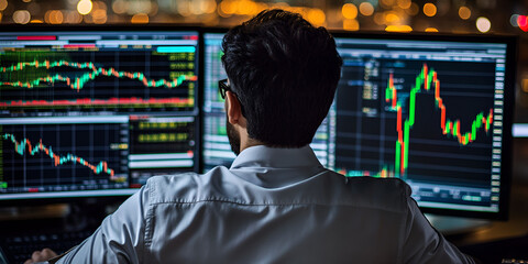 Poster - Stock Trader: Focused and determined, a stock trader analyzes data on multiple monitors in a dimly lit office, the glow of the screens reflecting off his glasses.