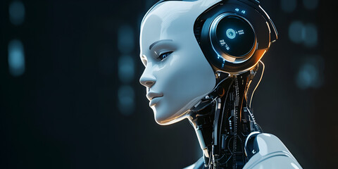 Poster - AI Awakening: A captivating close-up portrait of a humanoid robot, its sleek white form and intricate wiring illuminated by a soft blue glow, evokes a sense of wonder and the future of technology.  