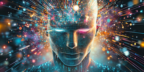 Poster - Mind Awakened: A mesmerizing abstract portrait of a human head engulfed in a vibrant explosion of light and energy, symbolizing the potential and power of the human mind.  
