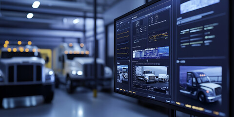 Poster - Fleet Management System: A close-up of a large monitor displaying a fleet management system interface. The screen showcases real-time data, tracking.