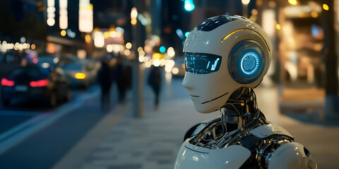 Poster - The Future is Now: A humanoid robot, standing on a bustling city street, embodies the integration of technology in our lives.  The robot's gaze forward evokes a sense of curiosity and anticipation.