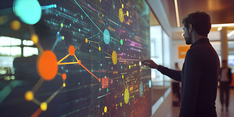Poster - Data Visualization: A businessman interacts with a large interactive screen, showcasing intricate data visualization patterns and connections.