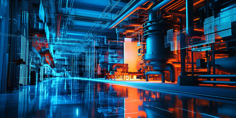 Poster - Industrial Facility: Futuristic Interior. High-tech factory or power plant with vibrant blue and orange lighting reflecting on a polished floor. Intricate network of pipes and machinery.