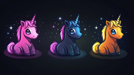 An artistic composition featuring six pastel-colored unicorns with distinct personalities on a dark background, surrounded by shimmering stars adding to their magical vibe.