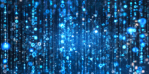 Poster - blue digital rain: abstract digital art showcasing a mesmerizing cascade of glowing blue symbols and