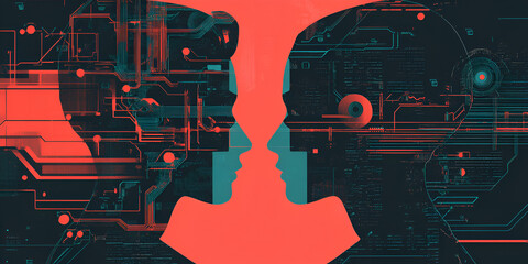 Poster - Human-AI Collaboration:  A stylized illustration depicting the connection between a human and artificial intelligence, symbolizing partnership and technological advancement.  