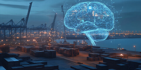 Poster - AI-Powered Logistics: A futuristic cityscape with a digital brain superimposed over a bustling port.