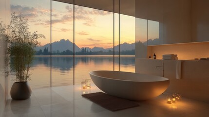 Wall Mural - Serene Modern Bathroom with Panoramic View of Tranquil Waters and Mountains at Sunset, Evoking Peace and Relaxation in a Luxurious Setting