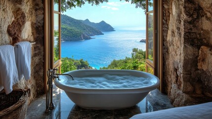 Wall Mural - Serene Bathroom with Scenic Ocean View through Open Windows, Bathtub Surrounded by Nature, Inviting Atmosphere for Relaxation and Rejuvenation