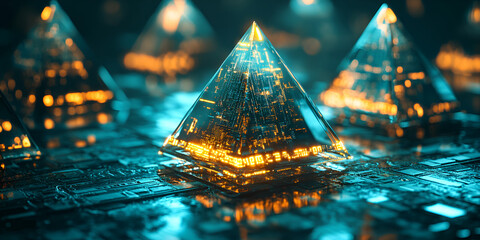 Poster - Crystalline Pyramids of Power: Futuristic, glowing pyramids stand on a circuit board, representing technological advancement, innovation, and complex systems.  